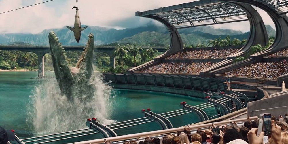 Dinosaur feeds in waterpark in Jurassic World