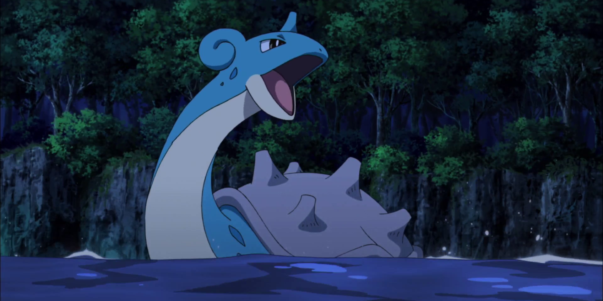 Lapras on the water roaring in the Pokémon anime