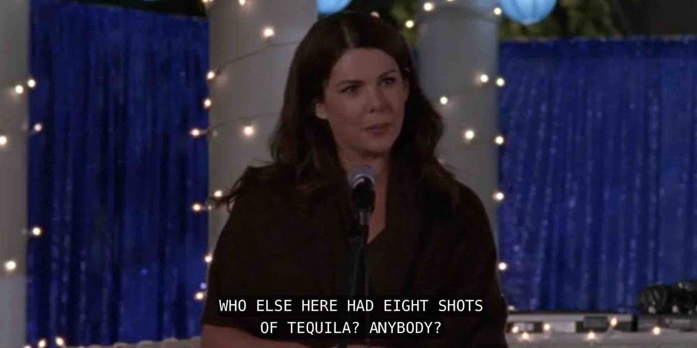 Lorelai drunk on tequila at Lane's wedding on Gilmore Girls