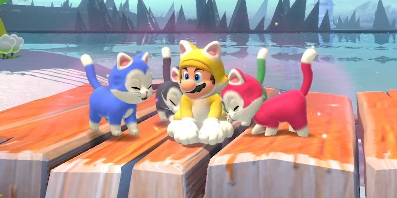 Mario and the cats sitting together in Bowser's Fury 