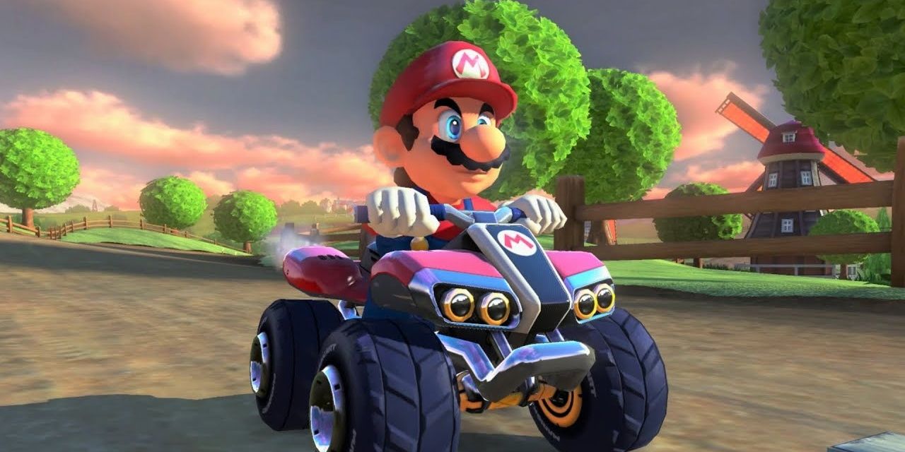 Mario driving a quad bike in Mario Kart 8.