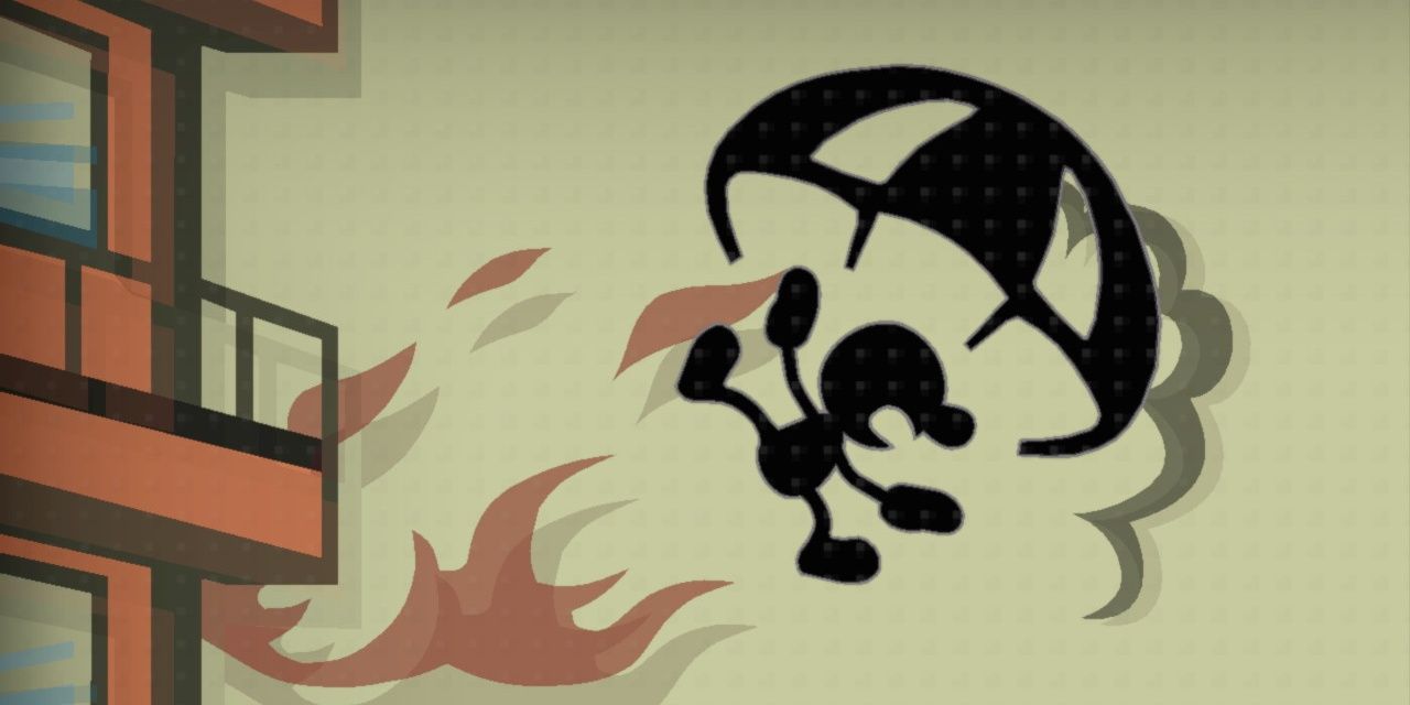Mr. Game and Watch flying away from danger in Super Smash Bros.