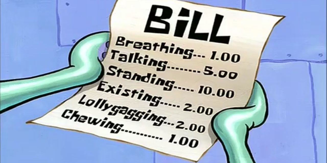Squidward looking at Mr. Krabs' new bill for them