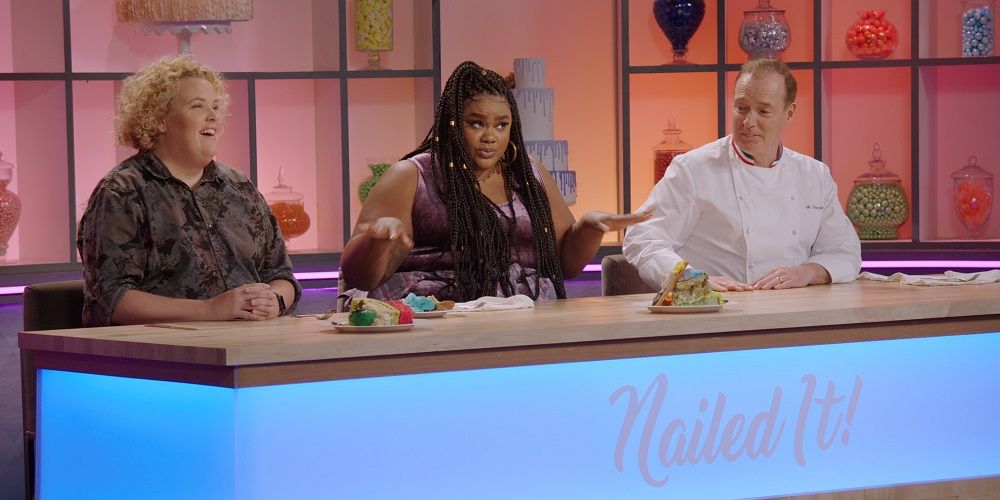 Fortune, Nicole, and Jacques judge dish in Nailed It! season 4