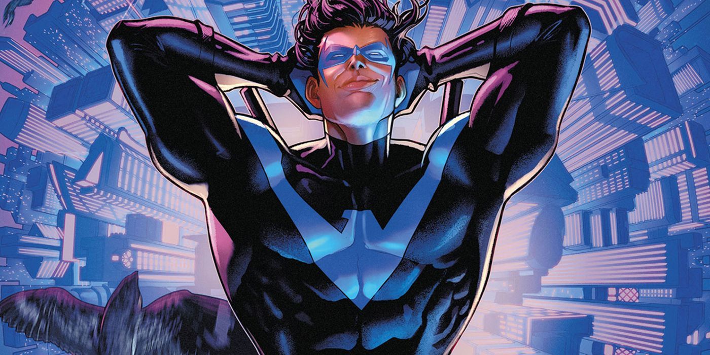 Nightwing laying back with his hands behind his head in the comics