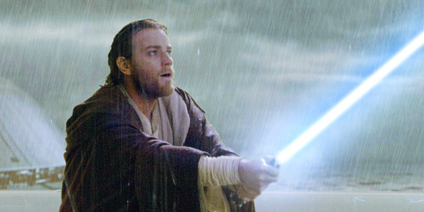 Obi-Wan Kenobi with his lightsaber drawn in Star Wars Episode II.