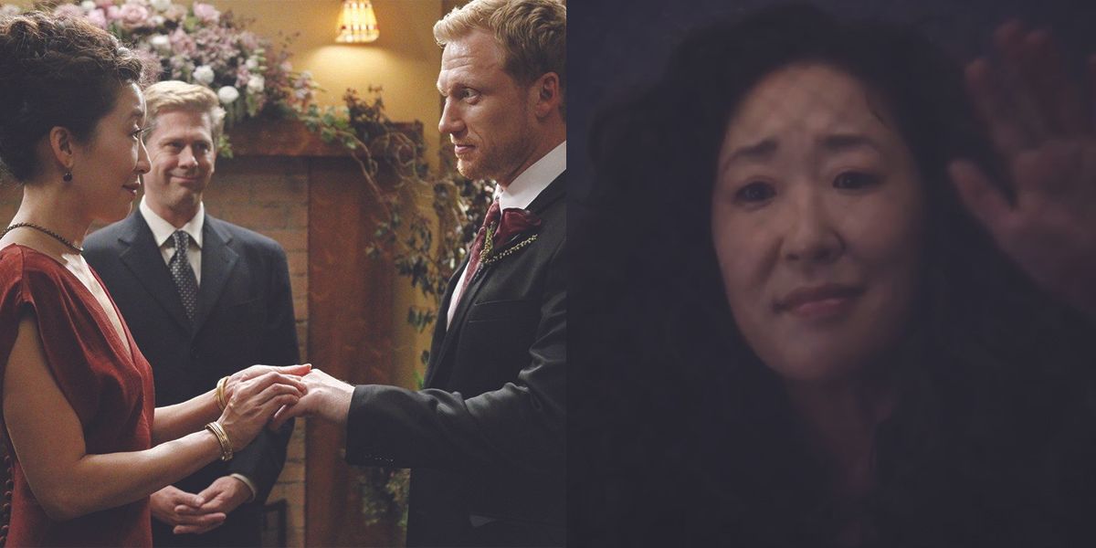 An image of Owen and Cristina at their wedding,. The other shows Cristina saying goodbye in Grey&rsquo;s Anatomy