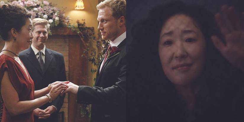 An image of Owen and Cristina at their wedding,. The other shows Cristina saying goodbye in Grey's Anatomy