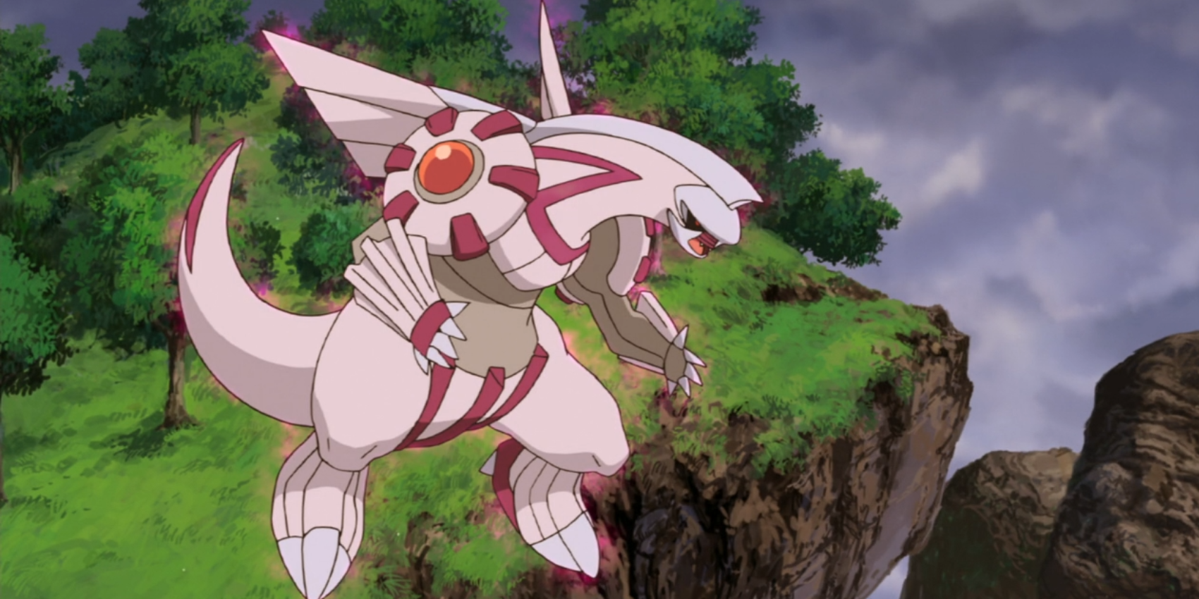 Palkia floating surrounded by pink light in the Pokémon anime