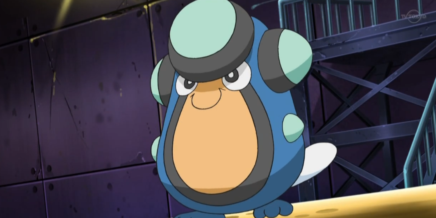 Palpitoad smiling and standing inside a Gym arena in the Pokémon anime series
