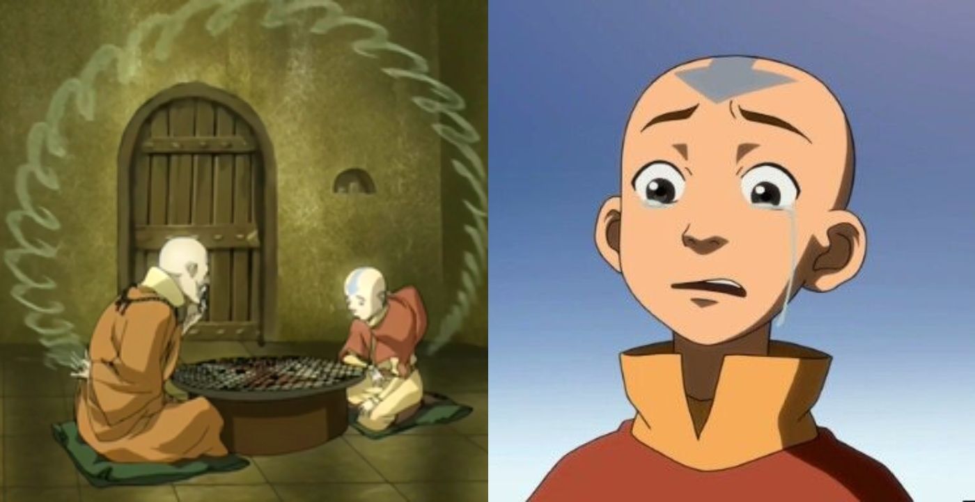 Split image of Aang and Aang with Monk Gyatso from Avatar: The Last Airbender