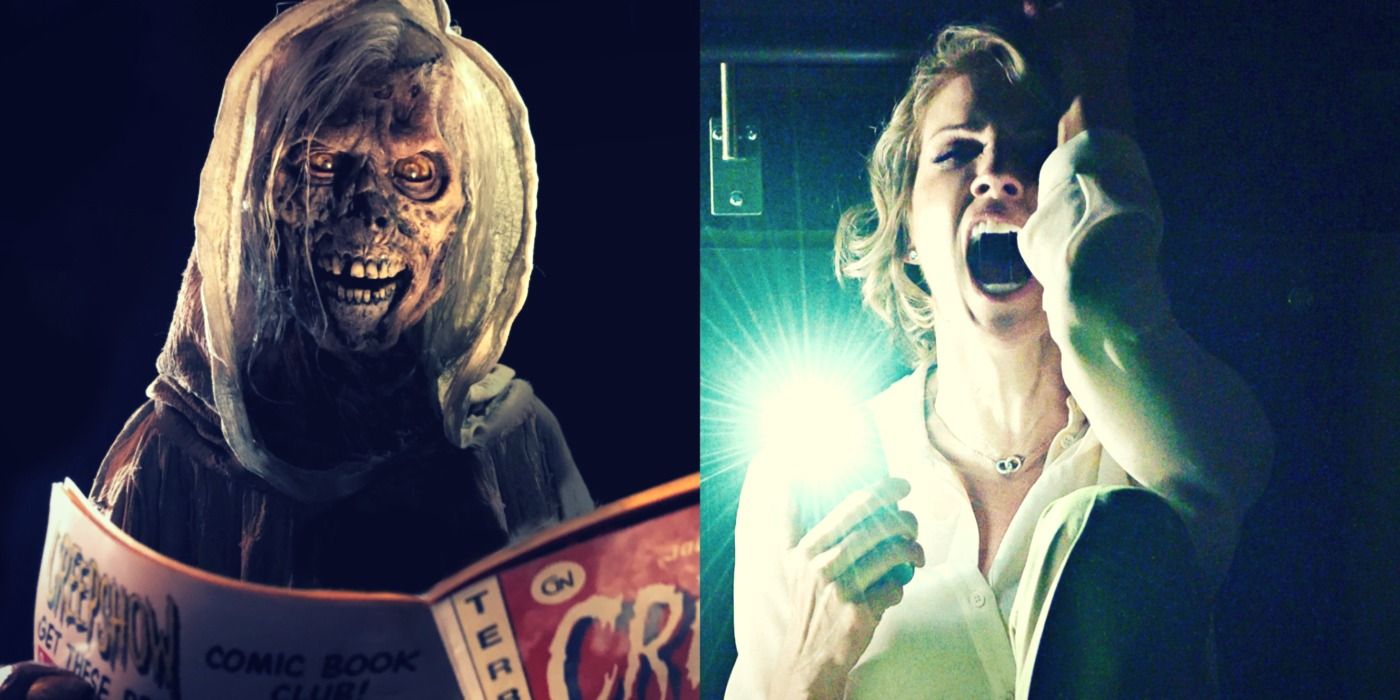 Creepshow ghoul next to Tricia Helfer screaming in Creepshow reboot