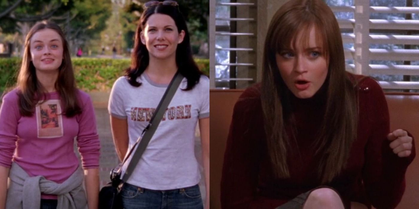 Gilmore Girls: Rory and Lorelai walking down the street; Rory sitting down and arguing with someone