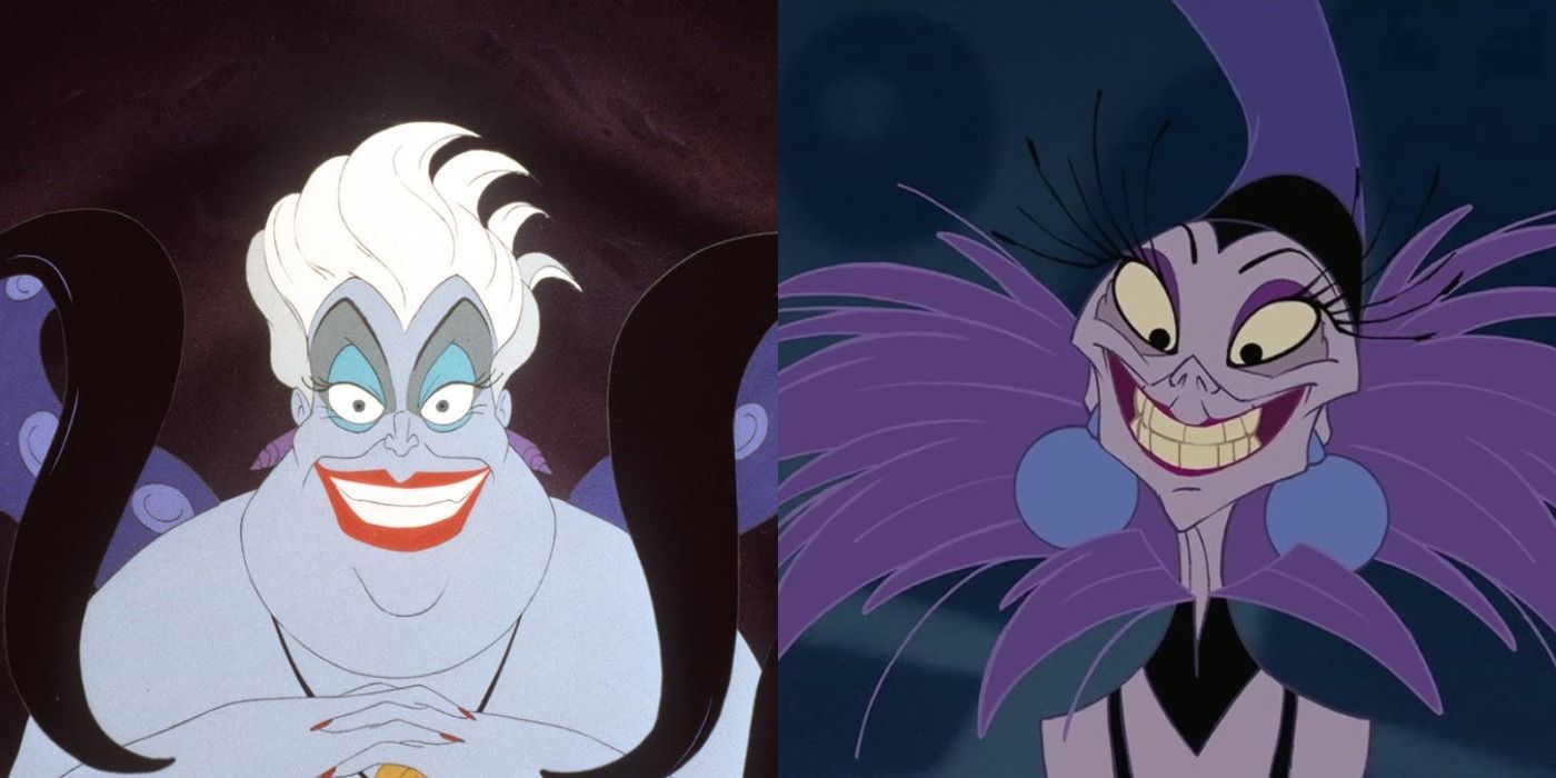 Split image of Ursula from The Little Mermaid on the left and Yzma from The Emperor's New Groove on right, both smiling nad looking toward the camera