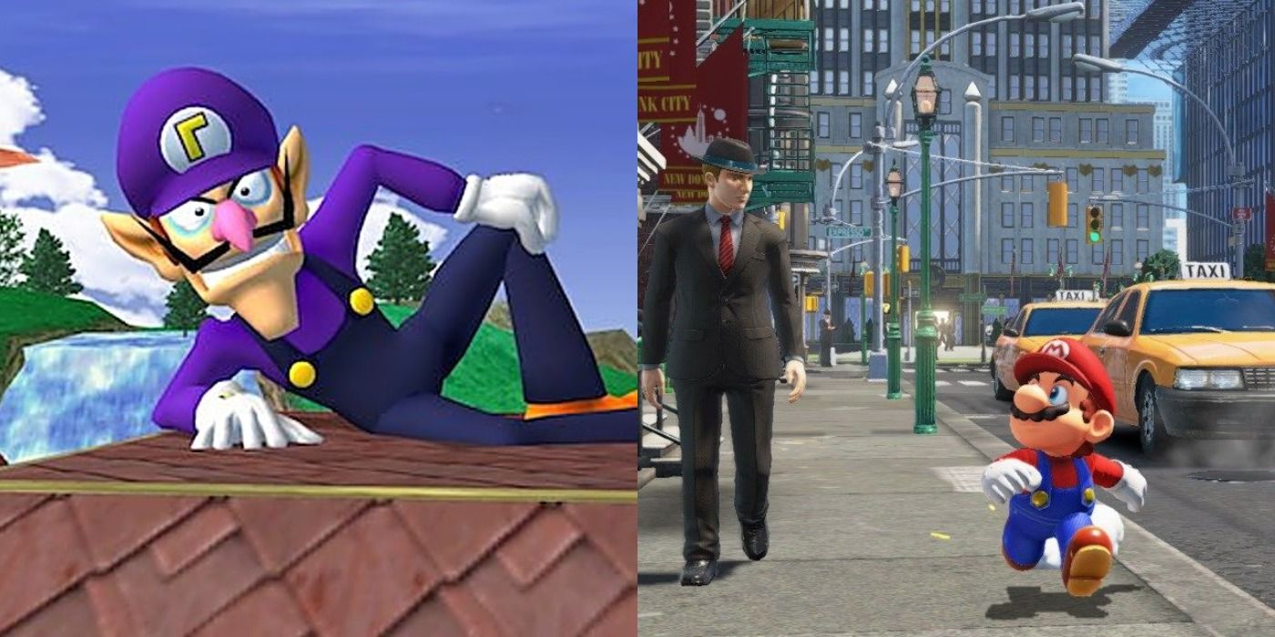 Waluigi in left image reclining and Mario in New York in the right image.
