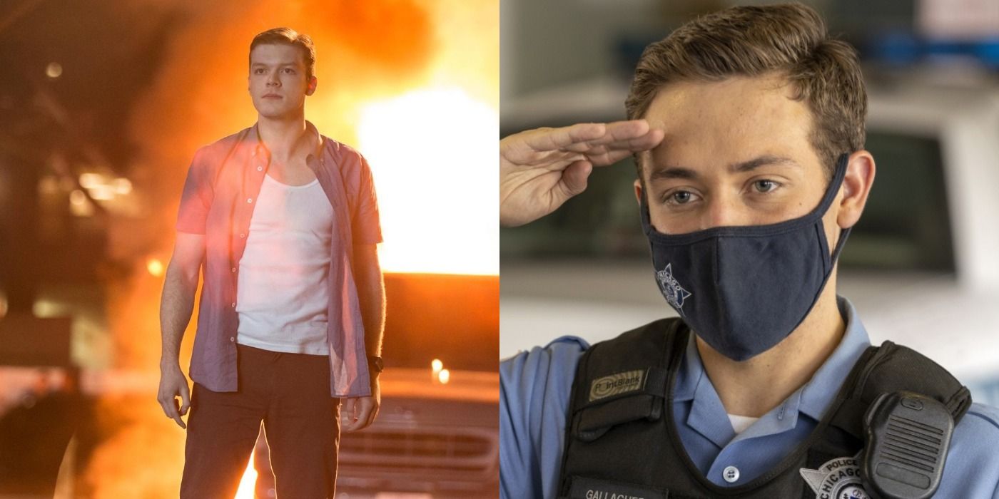 Ian in front of a burning car/Carl with a mask saluting in Shameless