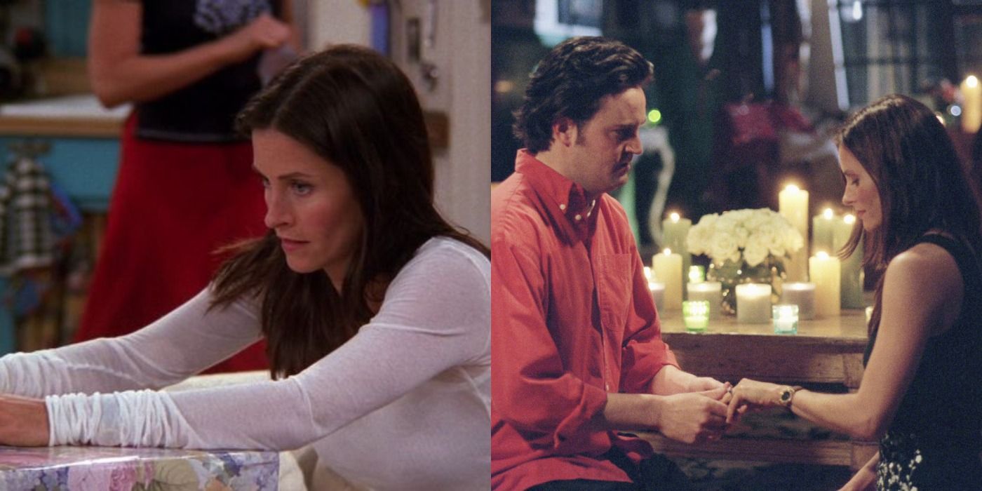 Monica on left, Monica and Chandler on right Split image Friends