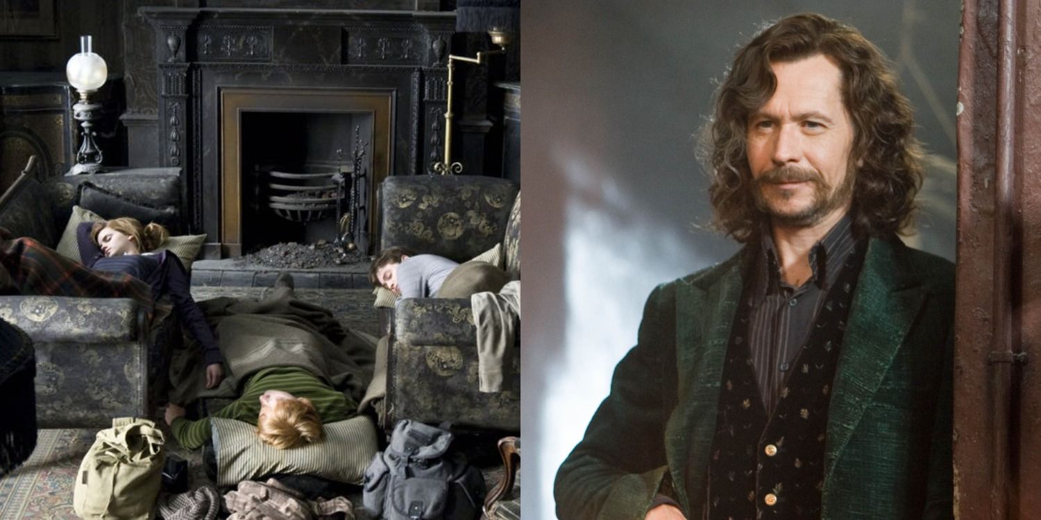 Split image of the golden trio sleeping at Grimmauld Place and Sirius in the kitchen doorway