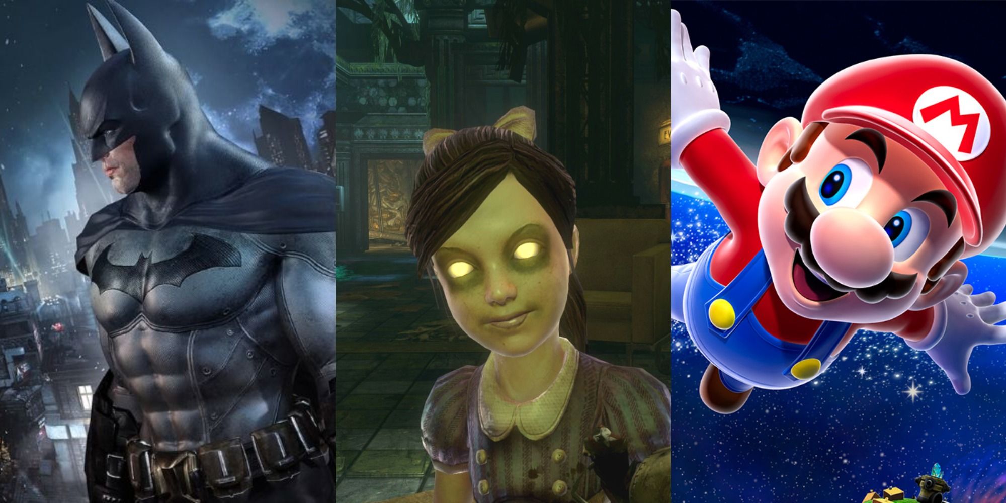 Batman from Arkham City, a little girl with glowing eyes from BioShock and Mario from Super Mario Galaxy in a collage