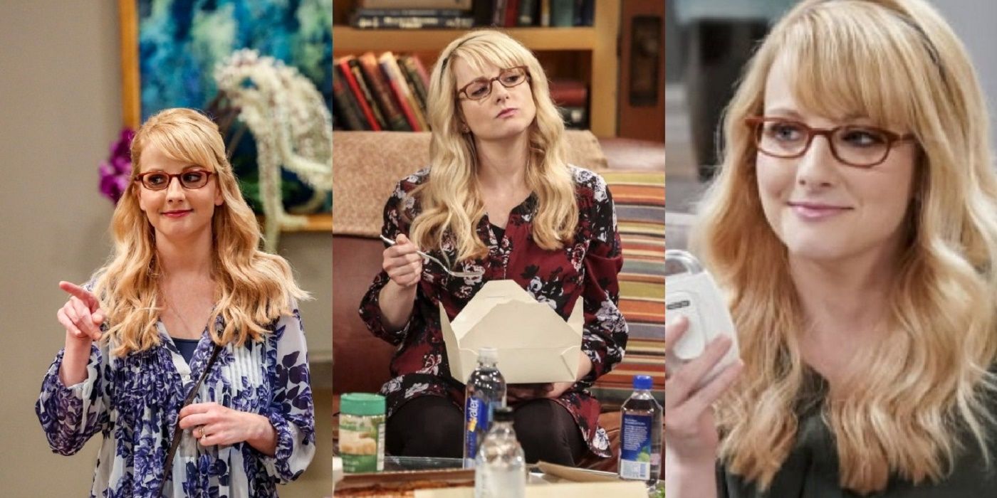 A side-by-side image of Bernadette pointing at someone, sitting with takeout food and holding a monitor