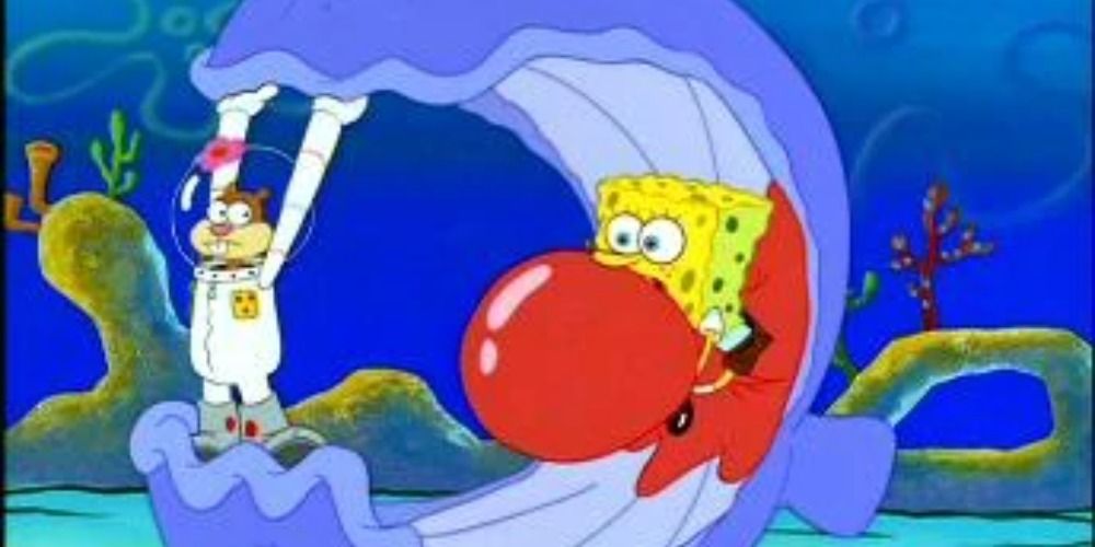 Sandy and SpongeBob fighting off a giant clam 