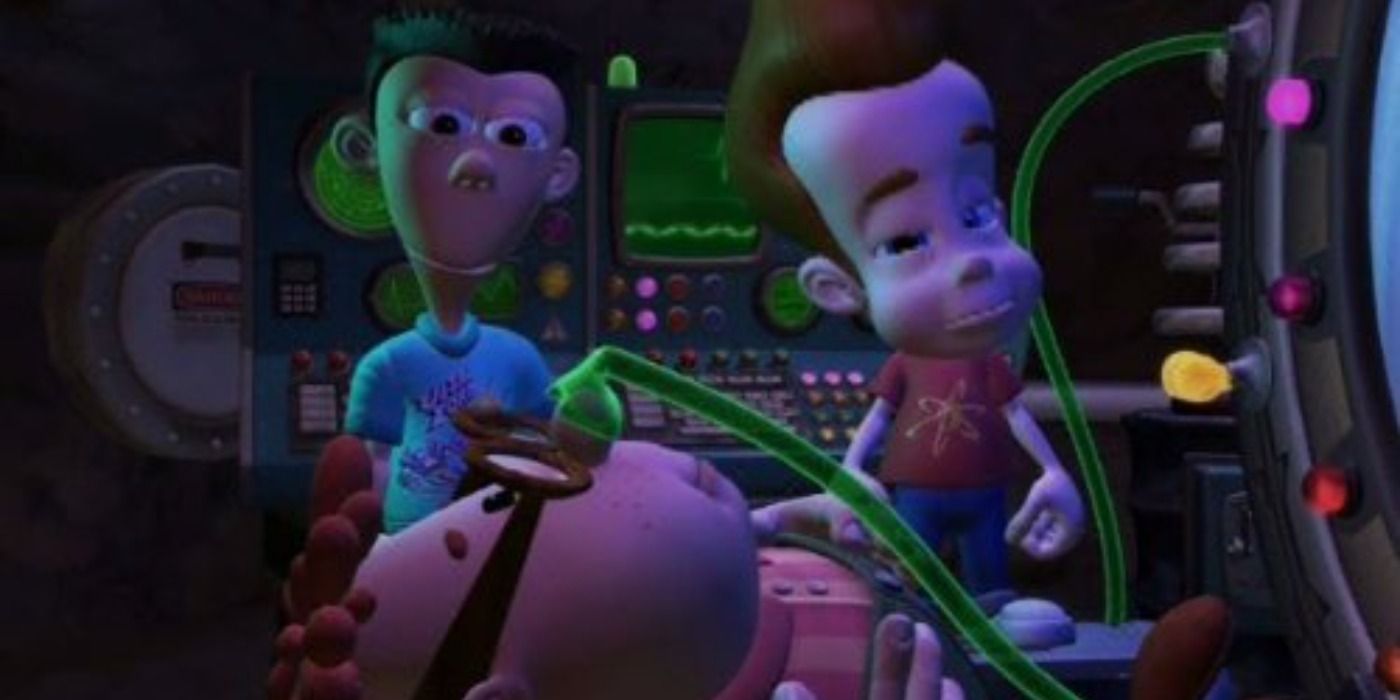 Sheen and Jimmy standing above Carl, who is hooked to Jimmy's invention, in Jimmy Neutron