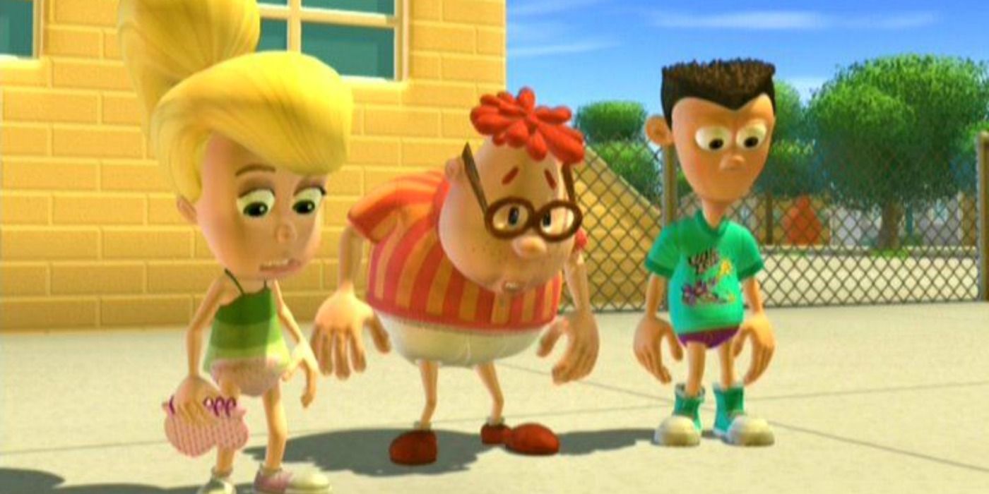 Cindy, Carl and Sheen looking down, missing their pants, in Jimmy Neutron