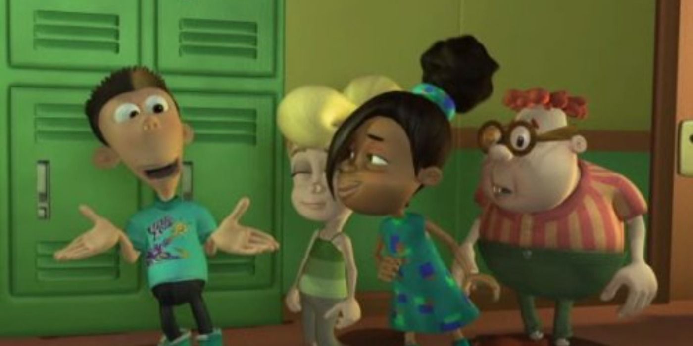 Sheen, Cindy, Libby and Carl standing in the hallway talking in Jimmy Neutron