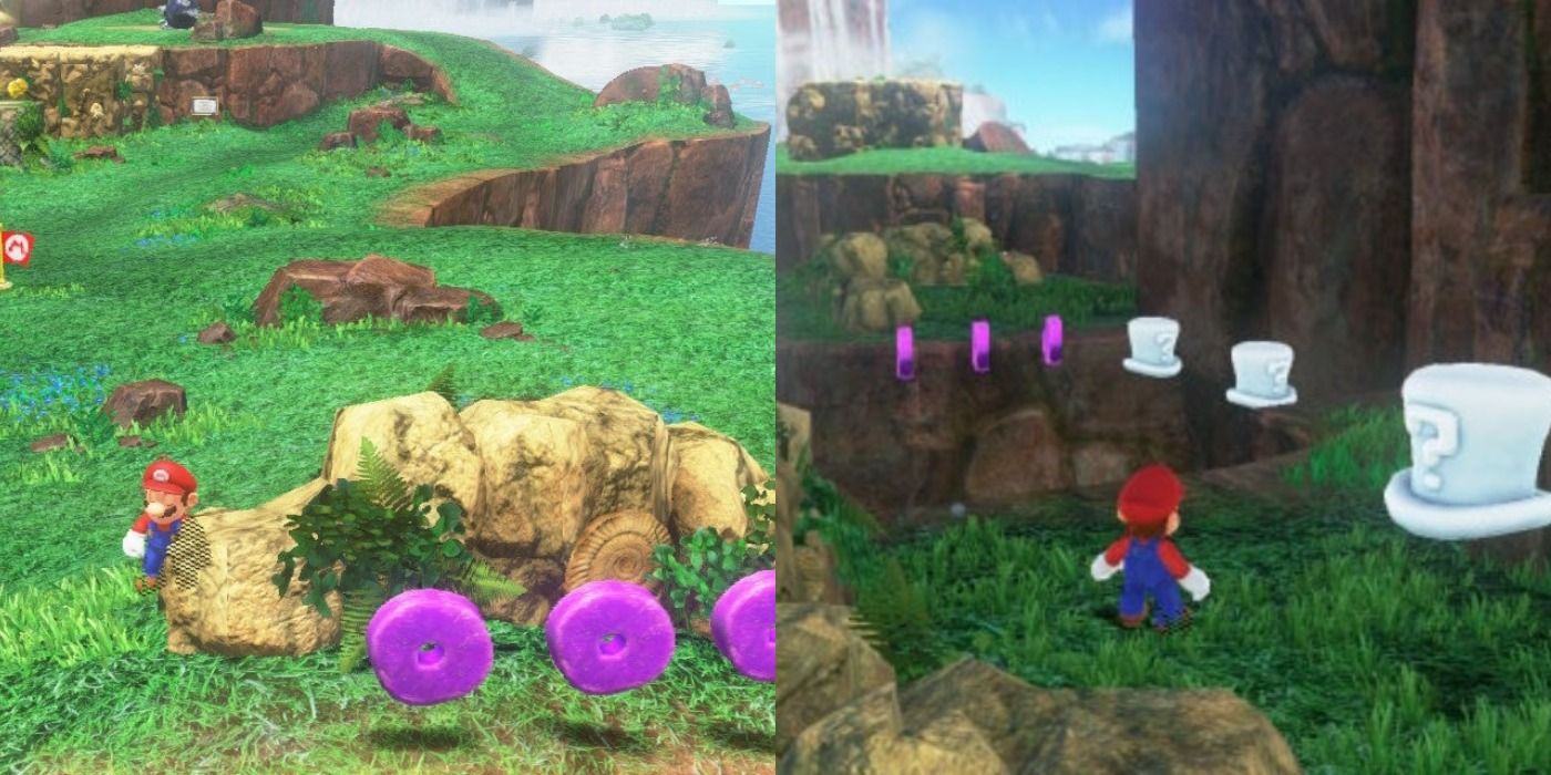 Mario in the Cascade Kingdom looking for purple coins