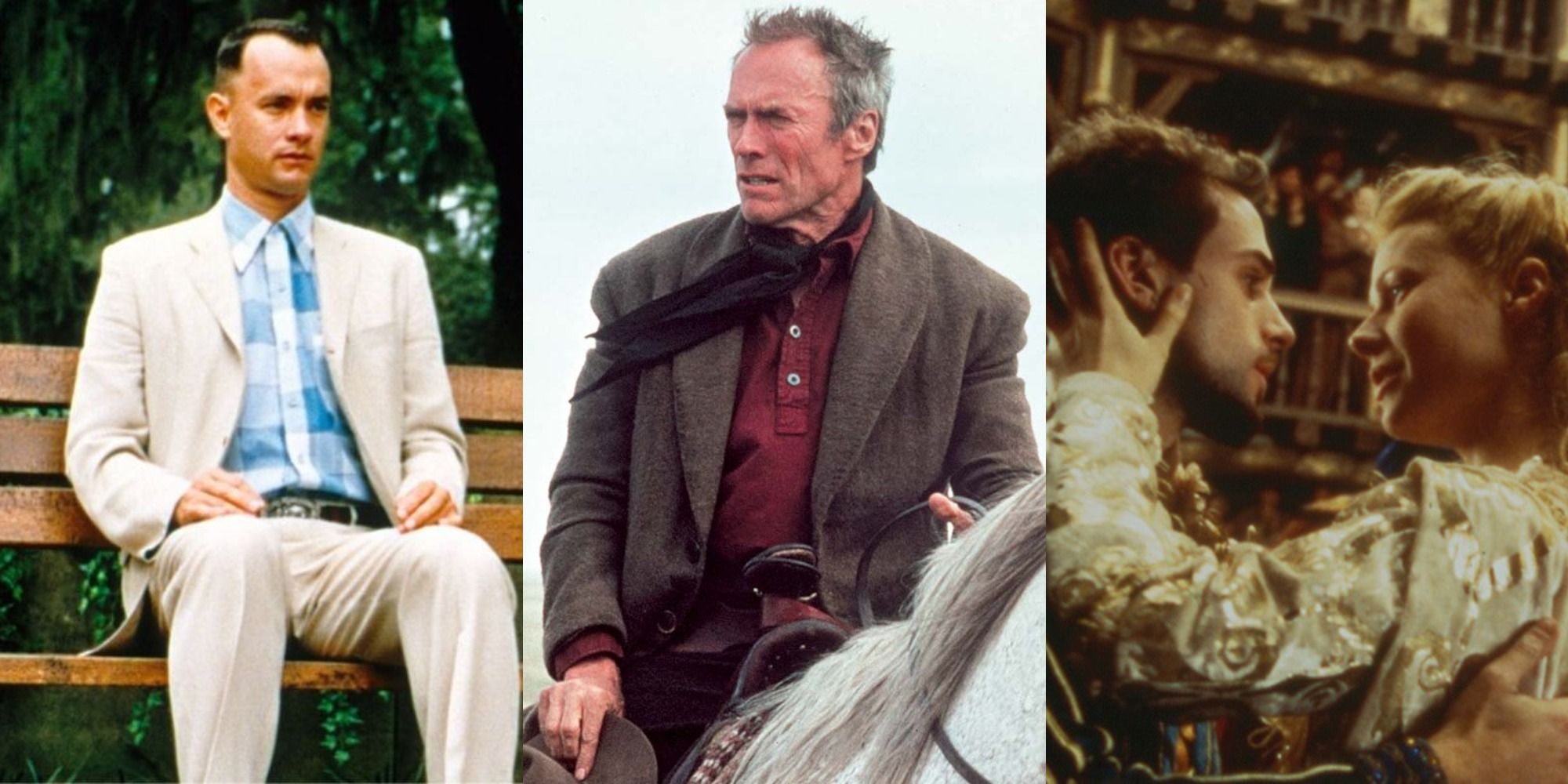 Stills from Best Picture winners Forrest Gump, Unforgiven, and Shakespeare in Love