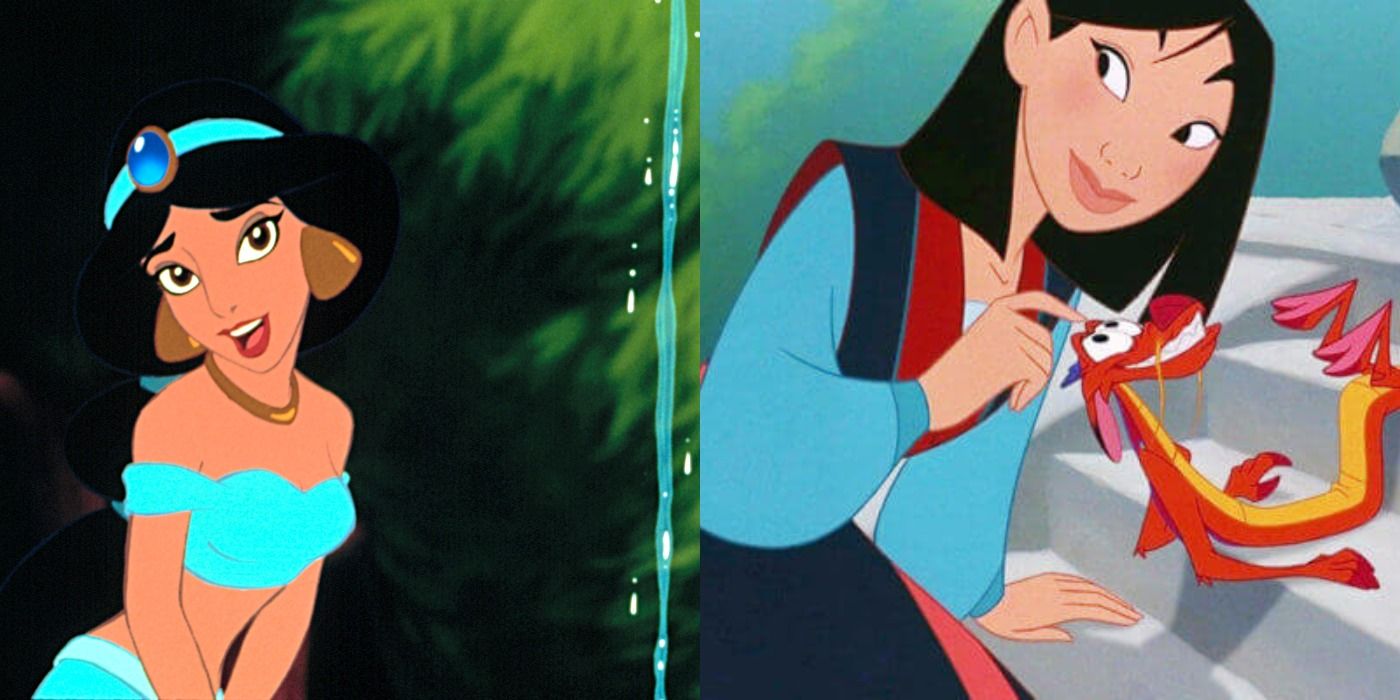 Jasmine on left, Mulan and Mushu on right Disney split image
