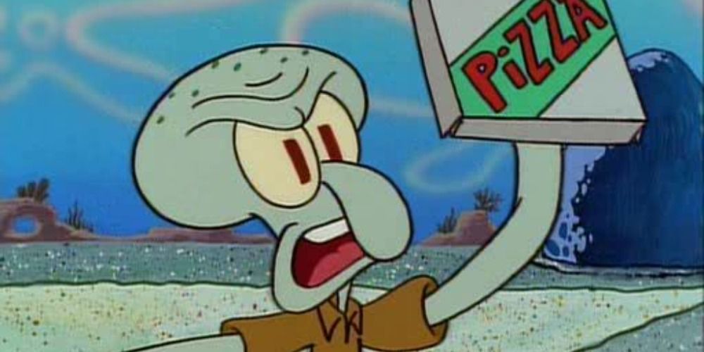 Squidward throwing pizza in customer's face