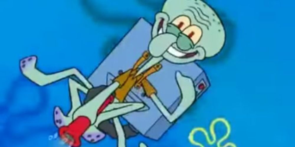 Squidward using a reef blower to fly back home 