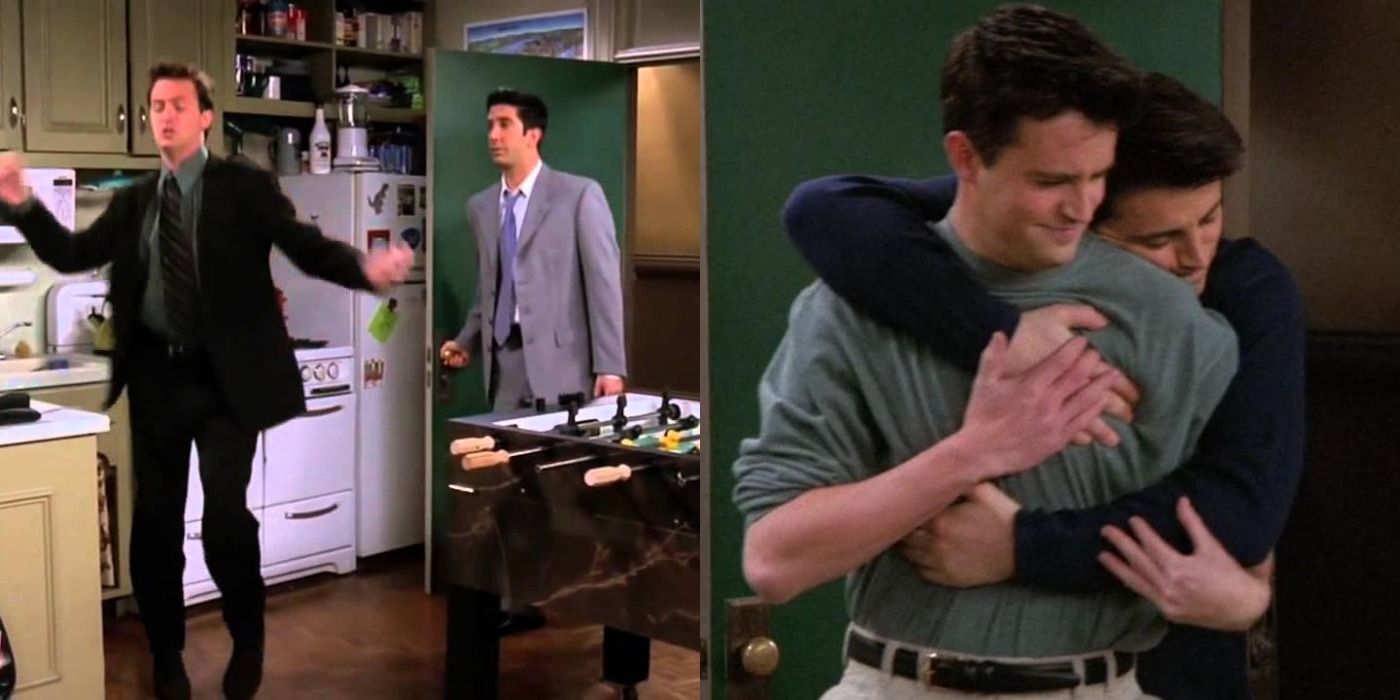 Chandler dancing with Ross in background on left, Chandler and Joey hugging on right Friends split image