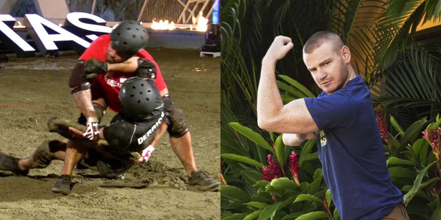 Split image of Joss and Derrick in elimination and Wes flexing on The Challenge