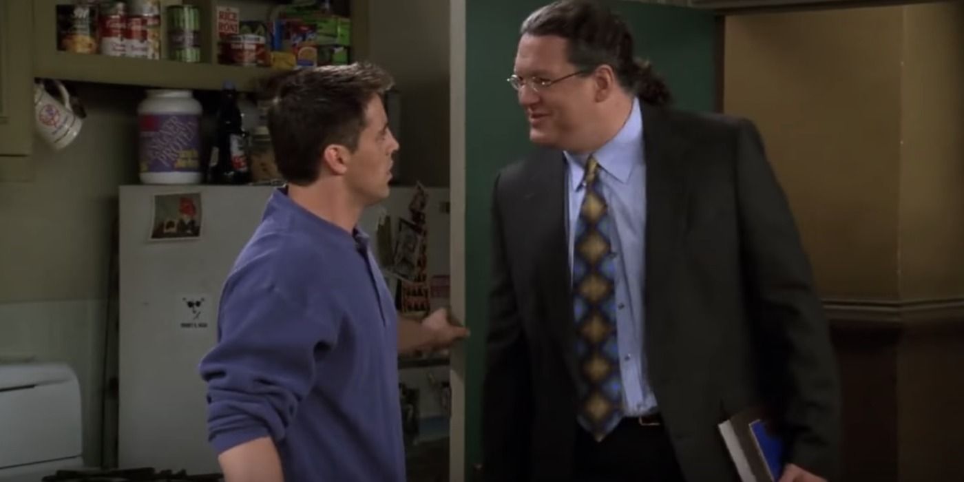Joey and encyclopedia salesman talking in Friends