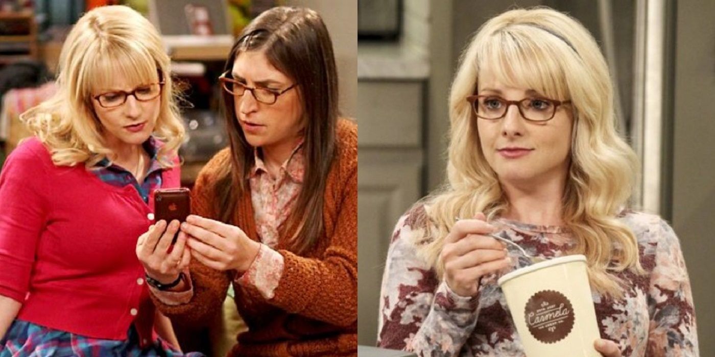 a split-screen image of Bernadette and amy looking at a phone and on right Bernadette with an ice cream tub on TBBT