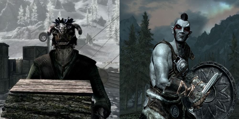 An Argonian carrying wood and a Dunmer with a sword in shield.