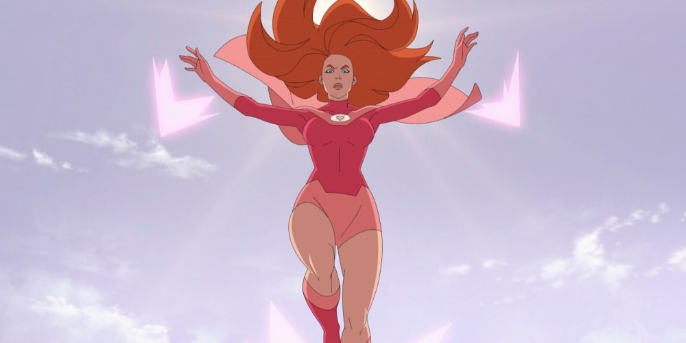 Atom Eve flying in the sky using her powers in invincible