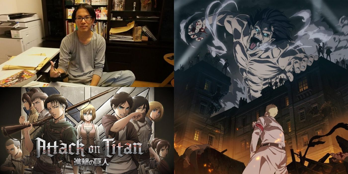 Collage of Attack on Titan and creator at a desk