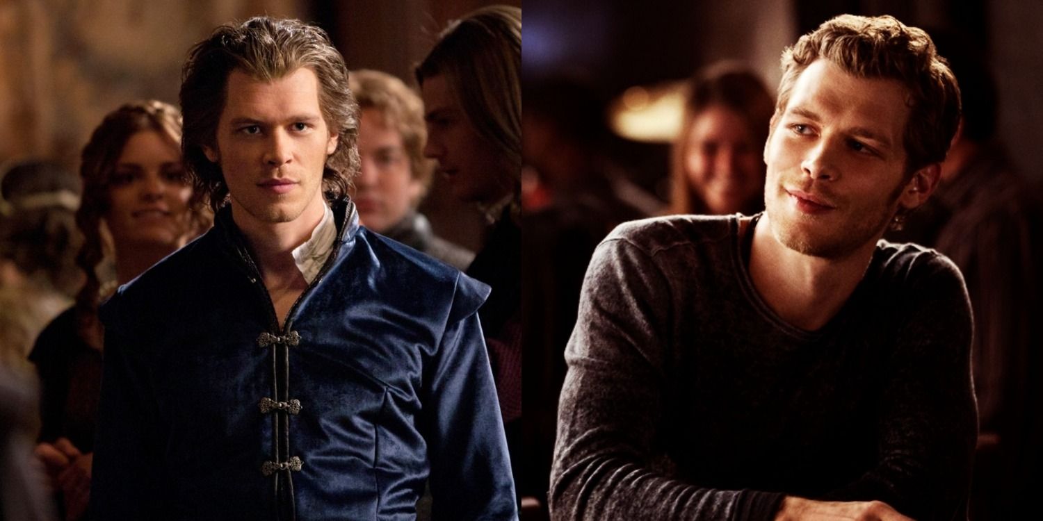 Klaus split image in a velvet blue vest jacket on the left and in a black tee on the right
