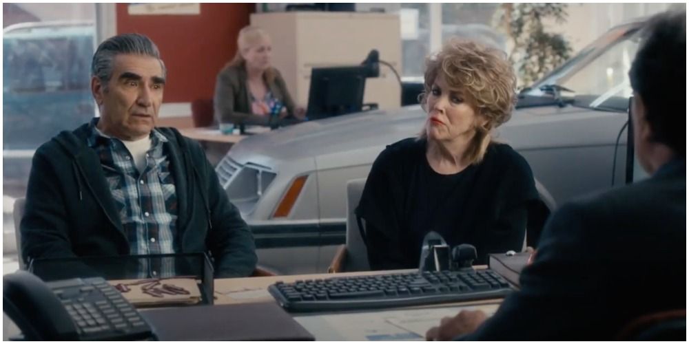 Johnny and Moira in &quot;New Car&quot; at car dealership in Schitt's Creek