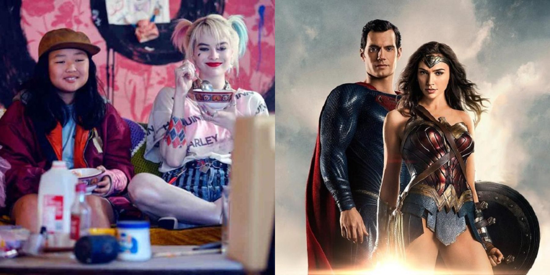 DCEU friendships feature split image Harley Quinn with Cassandra Cain and Wonder Woman with Superman