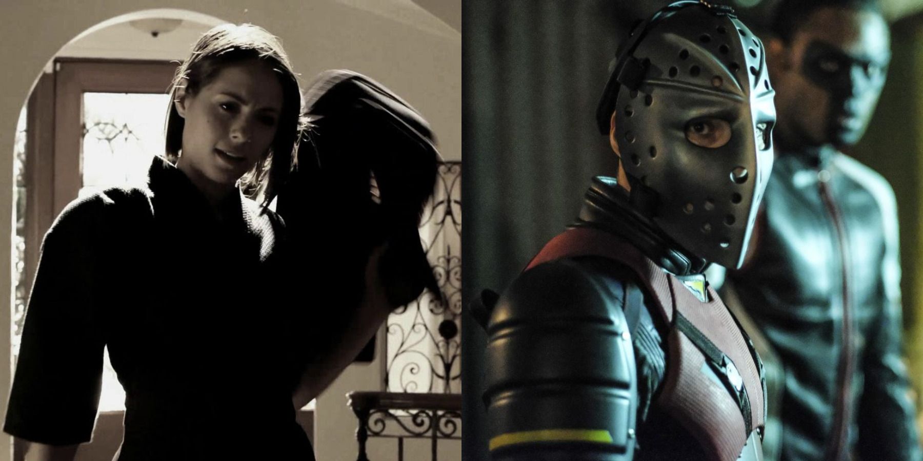 Arrow outfits feature split image - Thea Queen training at Corto Maltese and Wild Dog with Mister Terrific