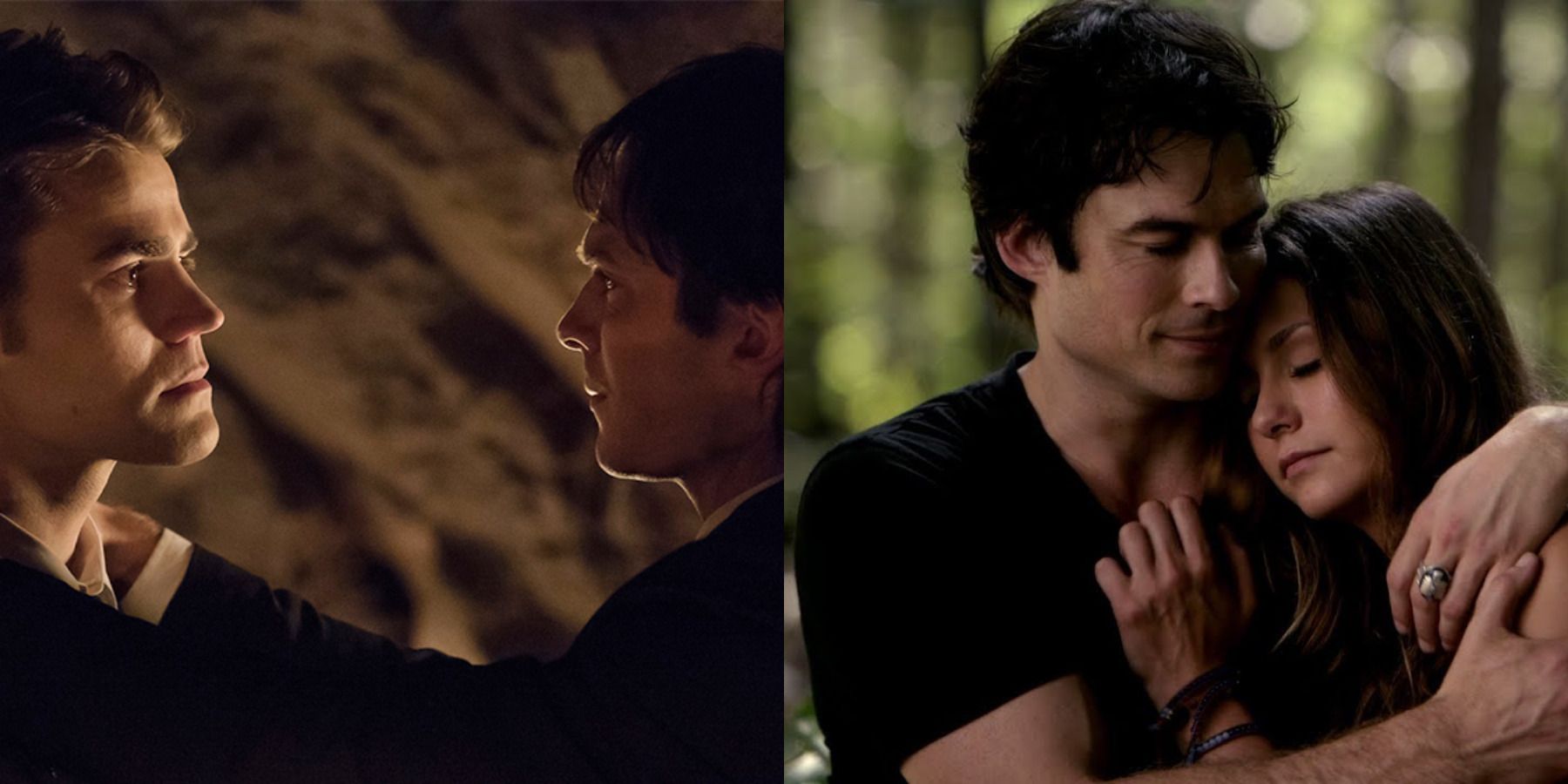 The Vampire Diaries Damon feature split image Damon with Stefan in the final episode and Damon is holding Elena in his arms