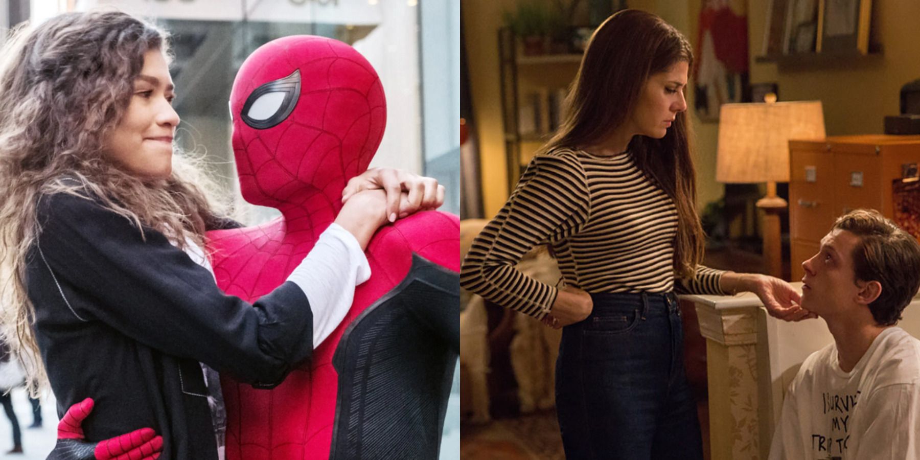 Split image of MJ hugging Spider-Man and May looking at Peter