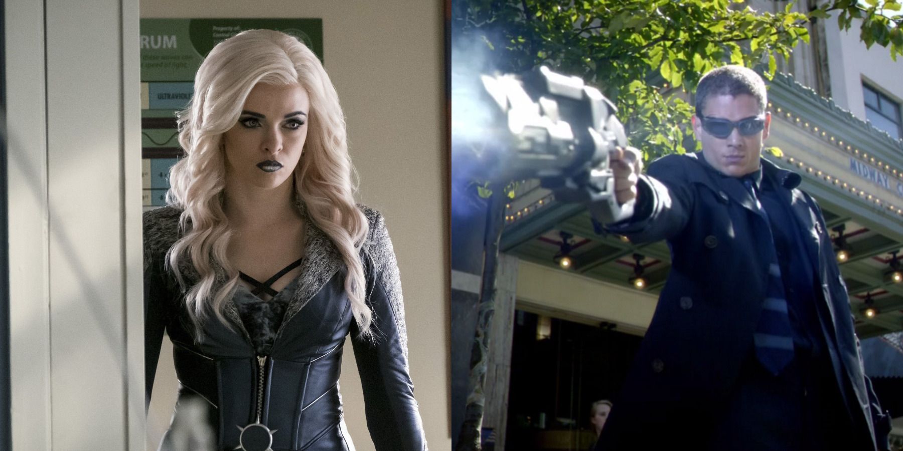 The Flash villain feature split image Killer Frost confronts the team and Captain Cold uses his gun