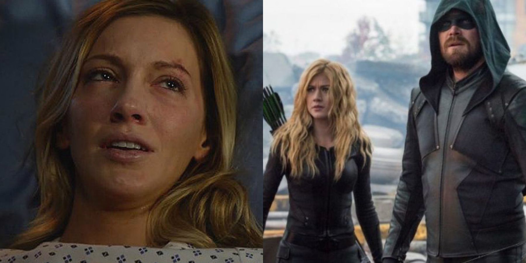 Oliver Queen feature split image Laurel Lance dying and Oliver with Mia