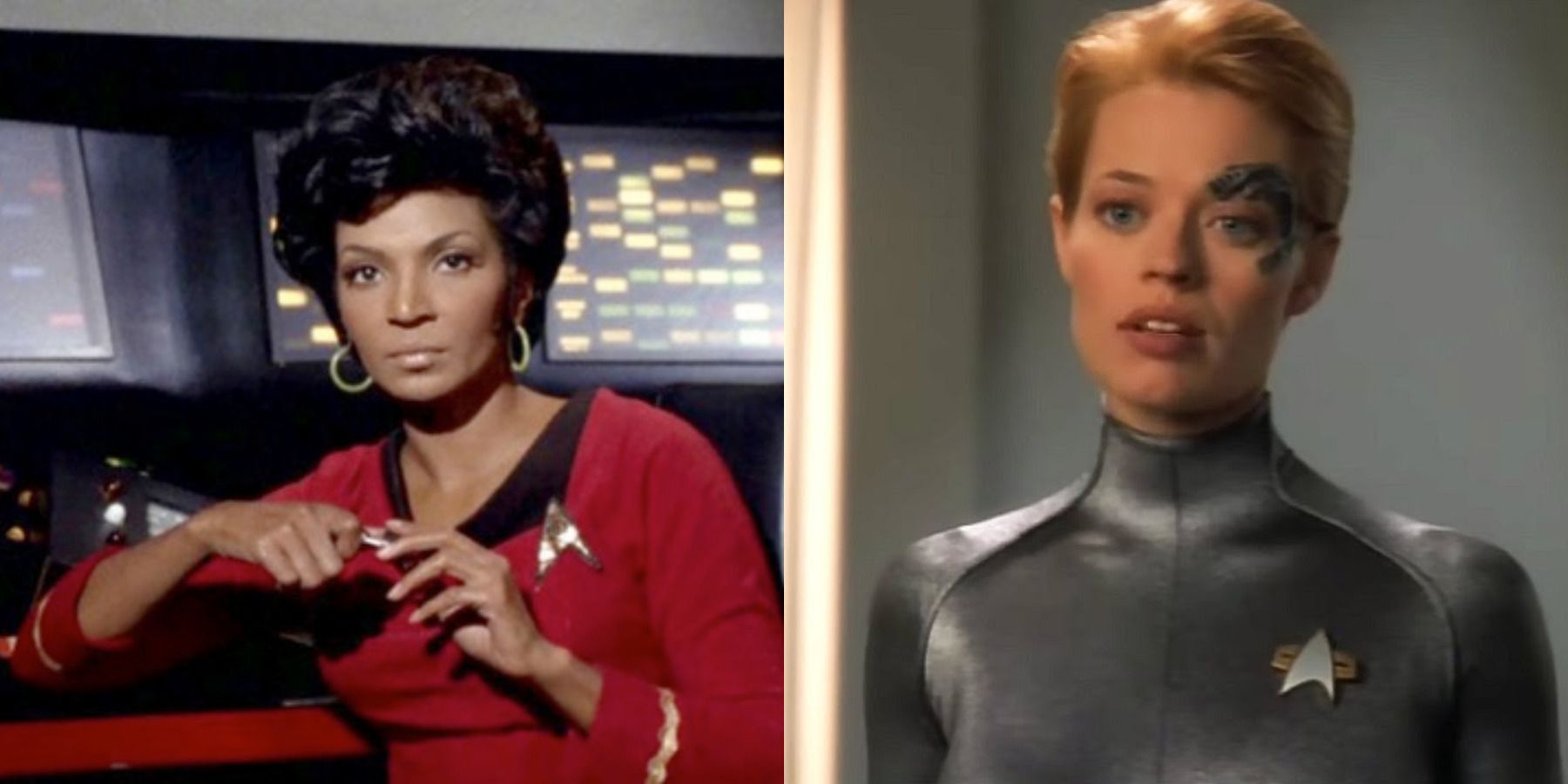 Star Trek girlfriend feature split image Uhura in TOS and Seven of Nine in Voyager
