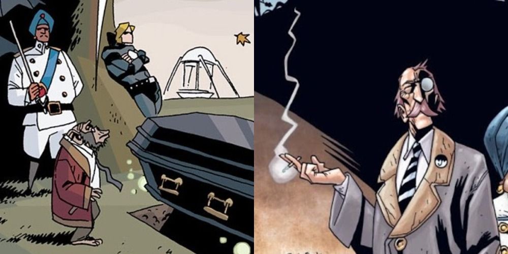 Split image of Pogo next to a casket and Reginald with his monocole in The Umbrella Academy